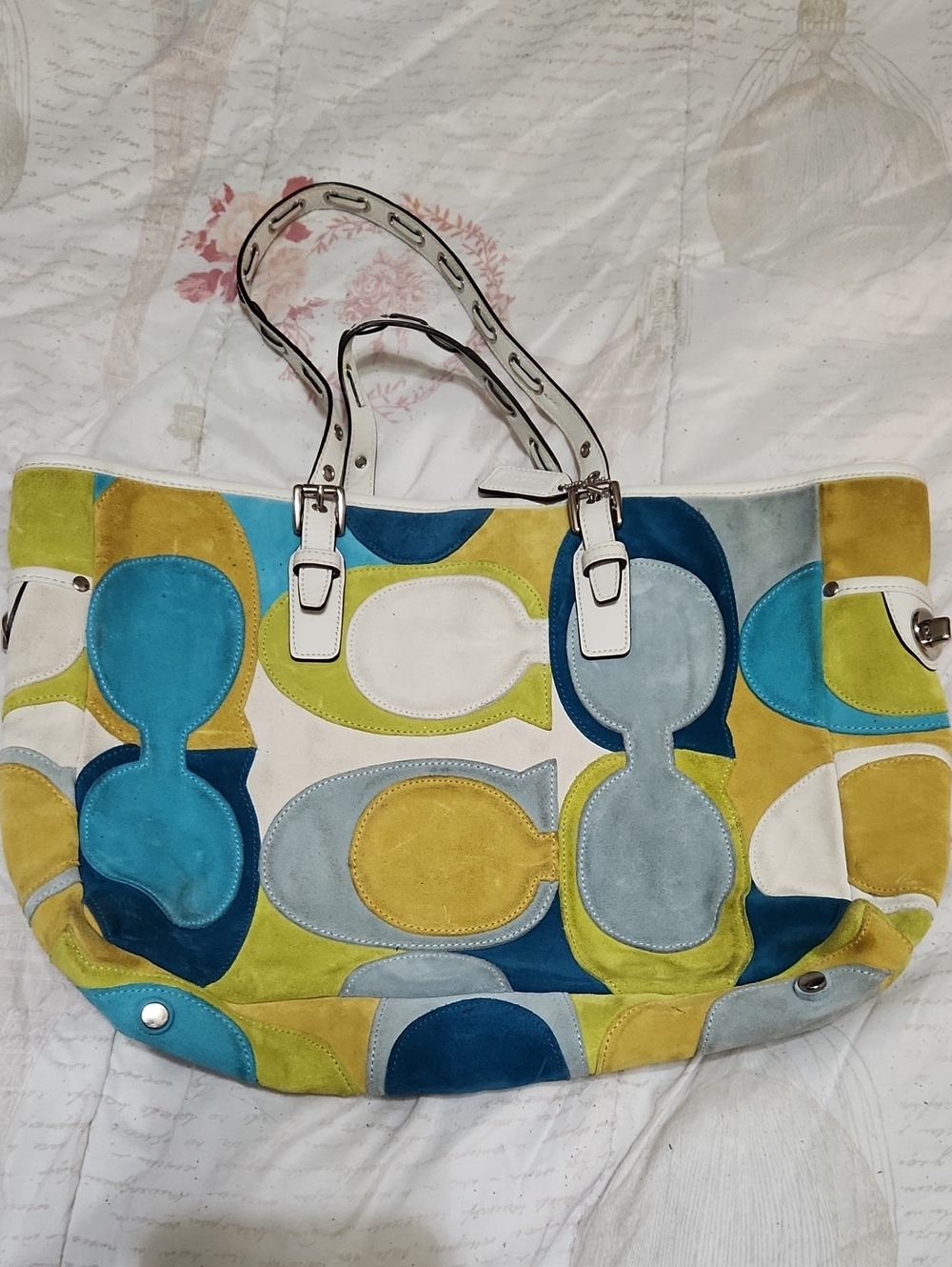 Coach Multicolor Suede Tote in Teal, Blue, Yellow & White